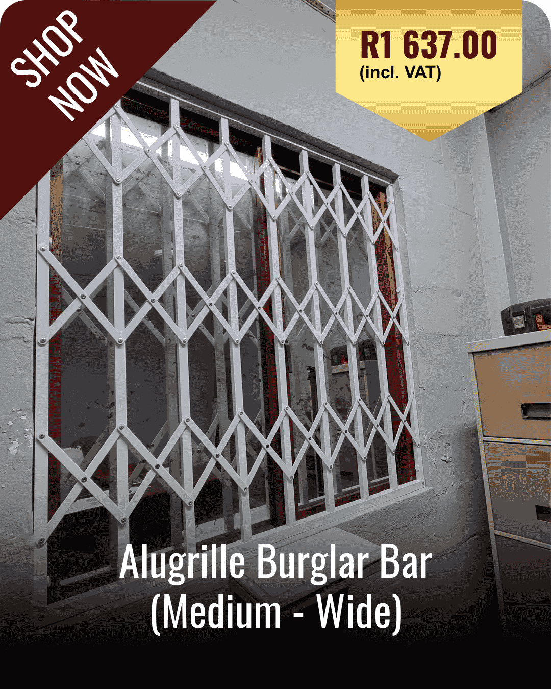 Medium to wide alugrille aluminium window burglar bars installed on an indoor office window for added security.
